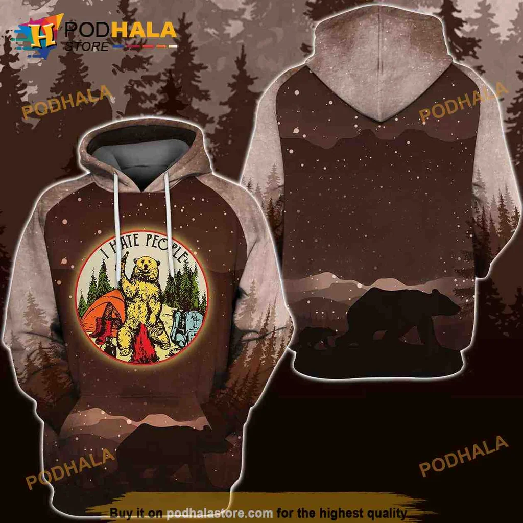 Funny Bear Camping Hoodie With I Hate People Design