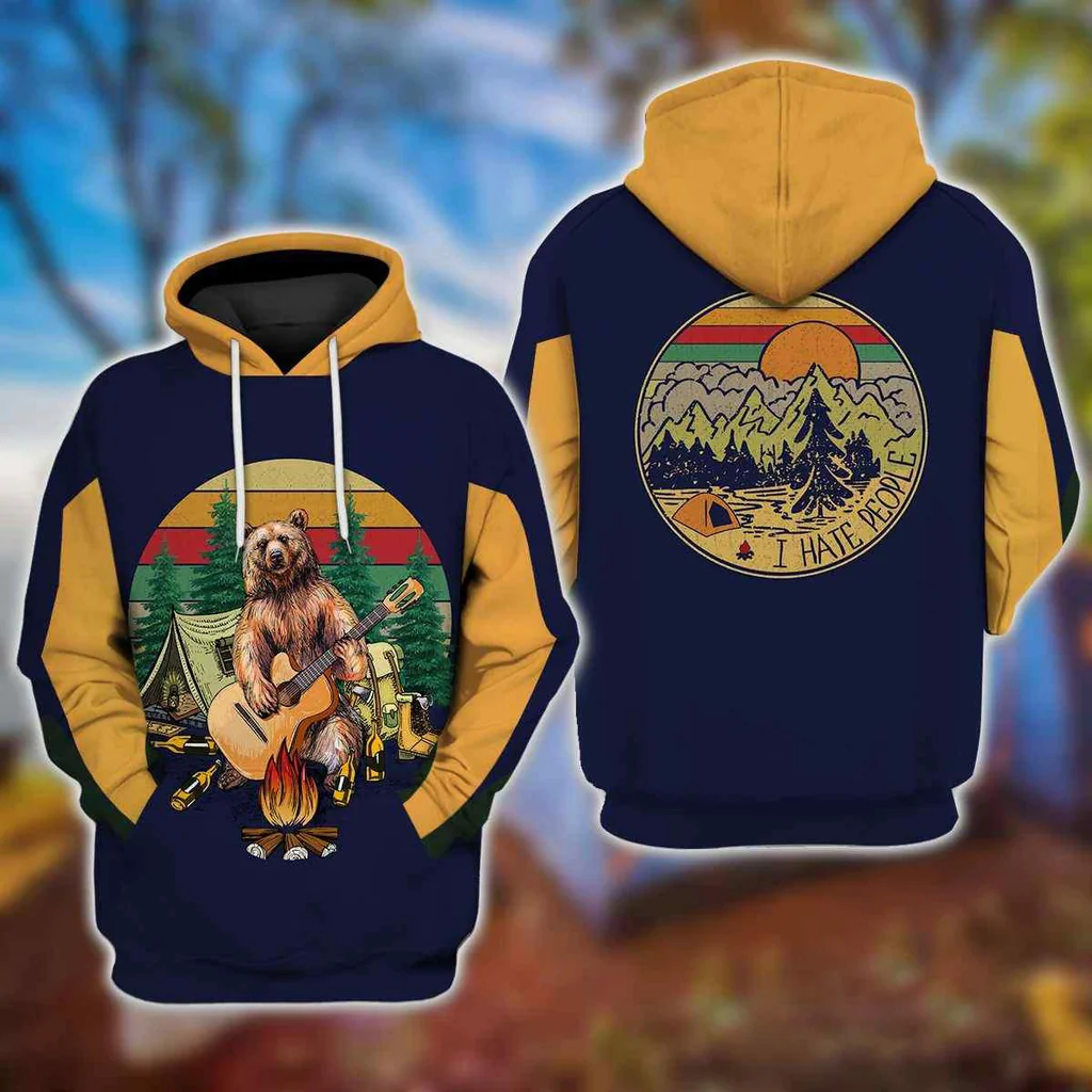 Funny Bear Guitar Camping Vintage 3d Hoodie Featuring Playful Design