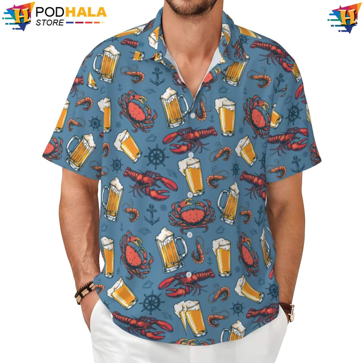 Funny Beer Crabs Hawaiian Shirt Novelty Mens Short Sleeve Button Up Outfit