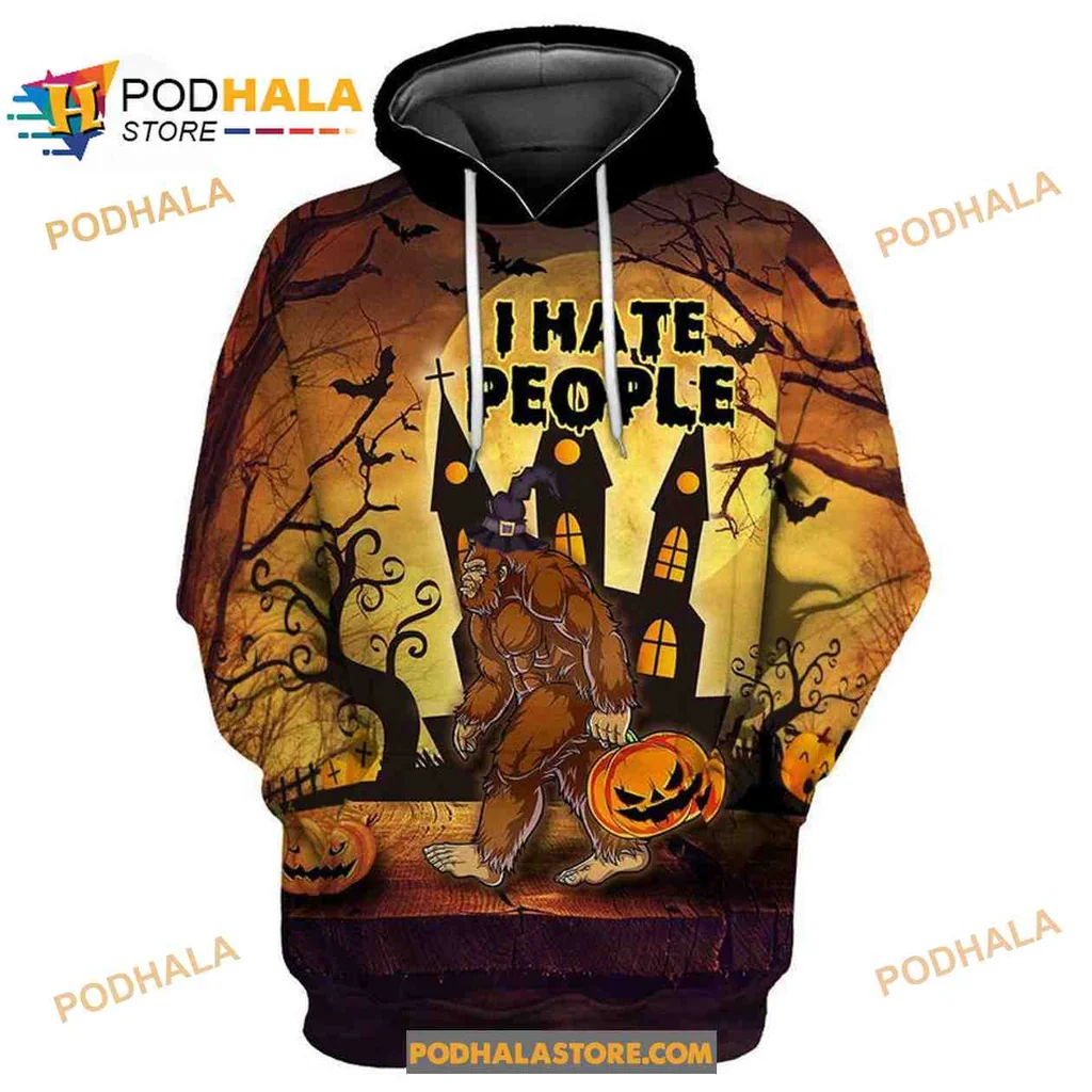 Funny Bigfoot Halloween 3d Hoodie With Grumpy Expression And Spooky Elements