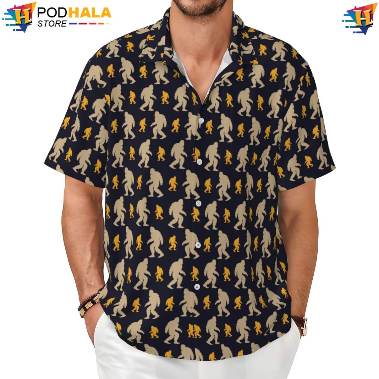 Funny Bigfoot Hawaiian Shirt Novelty Mens Short Sleeve Button Up Beachwear