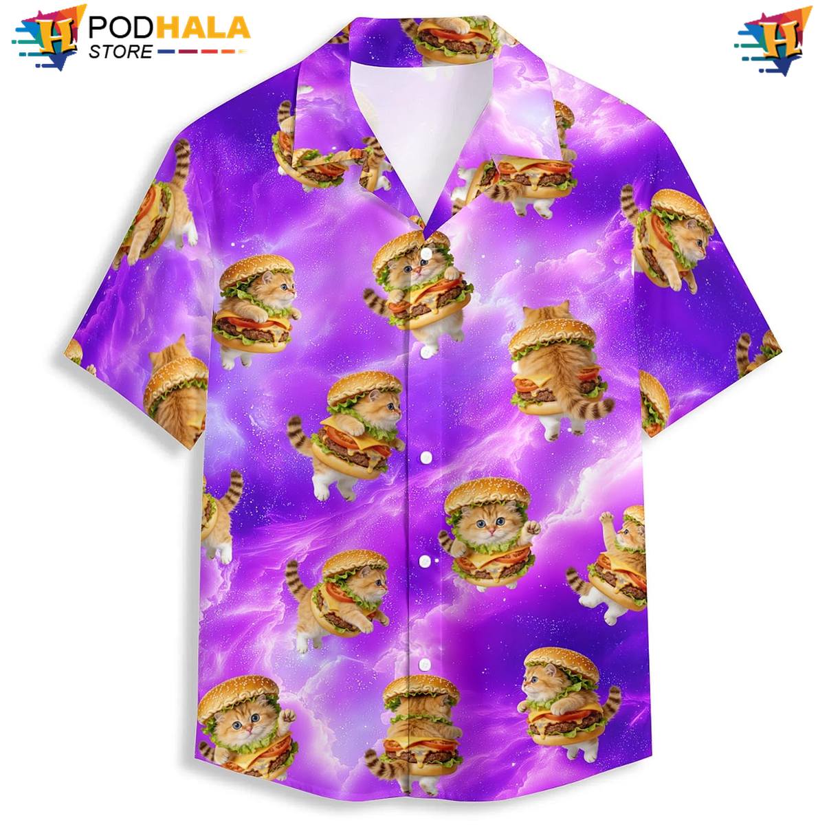 Funny Burger Cat Hawaiian Shirt Mens Novelty Cruise Holiday Resort Outfit