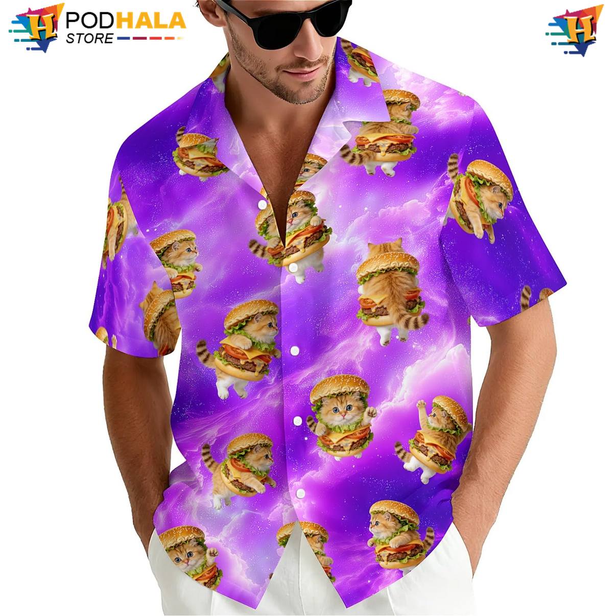 Funny Burger Cat Aloha Shirt Mens Novelty Cruise Holiday Resort Outfit Funny Burger Cat Aloha Shirt Mens Novelty Cruise Holiday Resort Outfit