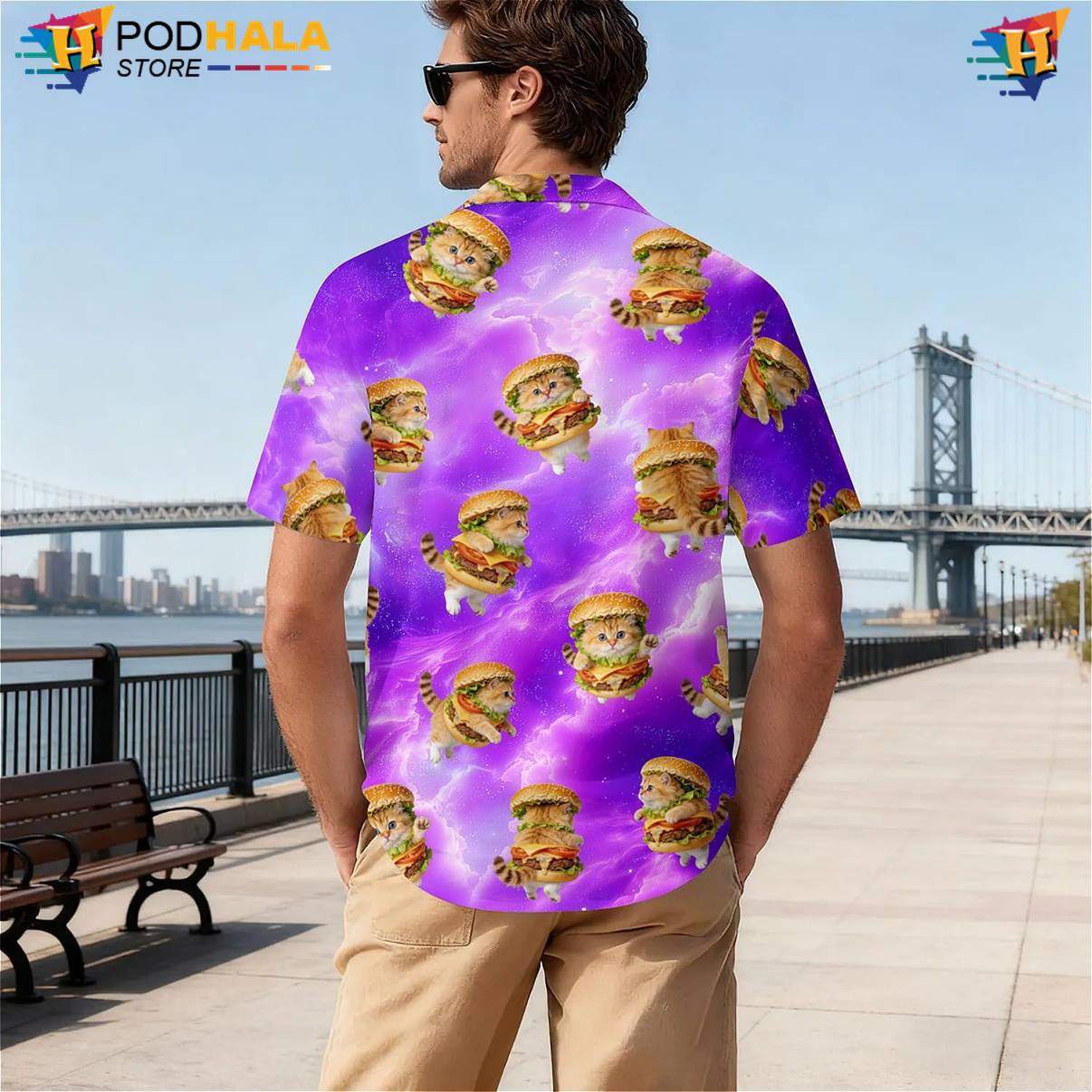 Funny Burger Cat Short-sleeve button-up shirt Mens Novelty Cruise Holiday Resort Outfit Funny Burger Cat Short-sleeve button-up shirt Mens Novelty Cruise Holiday Resort Outfit