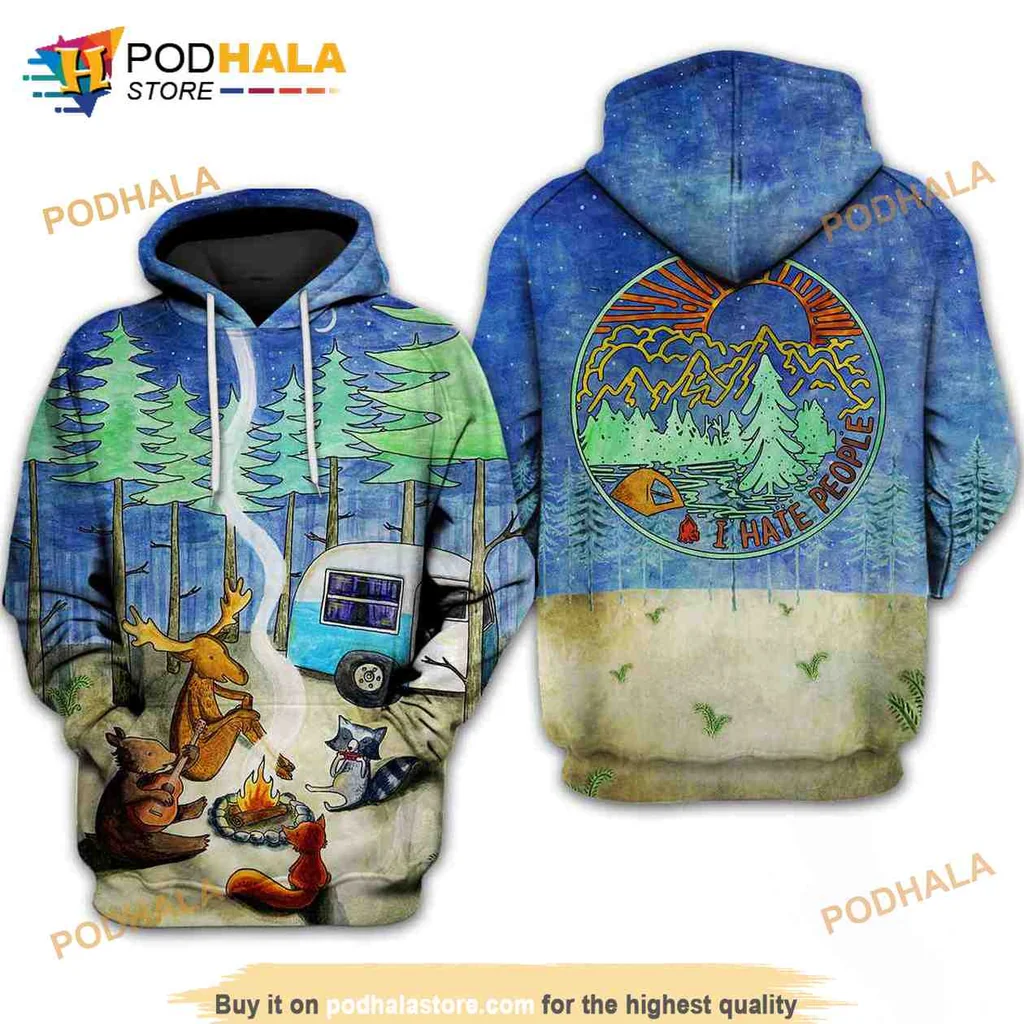 Funny Camping Animals 3d Hoodie With Moose Raccoon And Fox Design