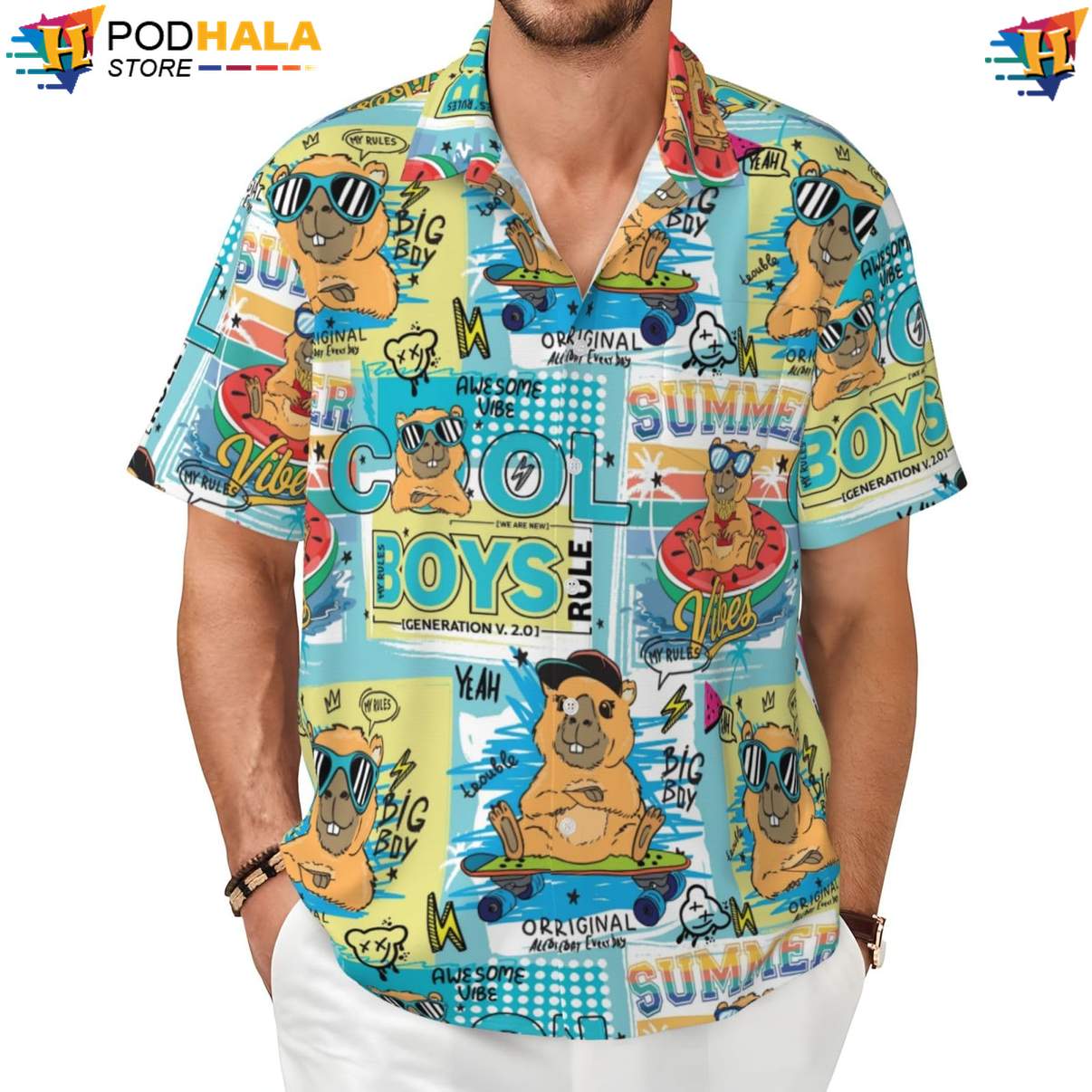 Funny Capybara Hawaiian Shirt Novelty Mens Short Sleeve Button Up Beachwear