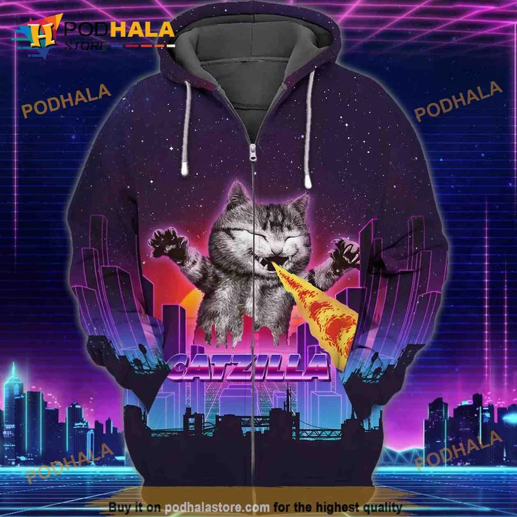 Funny Cartoon Cat 3d Hoodie With Whimsical Fire Breathing Design