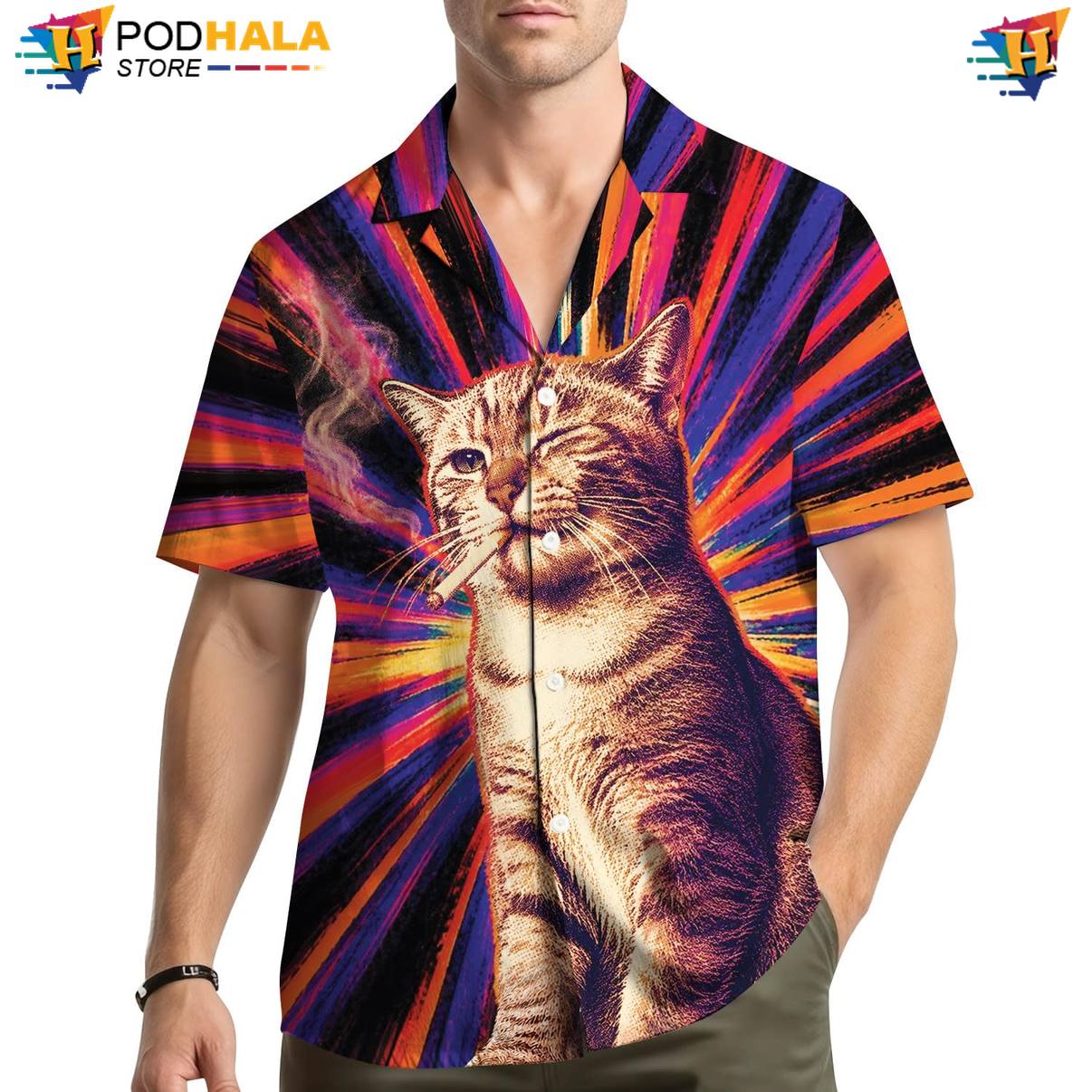 Funny Cat Fire Aloha Shirt Mens Cruise Apparel Novelty Beach Festival Gear