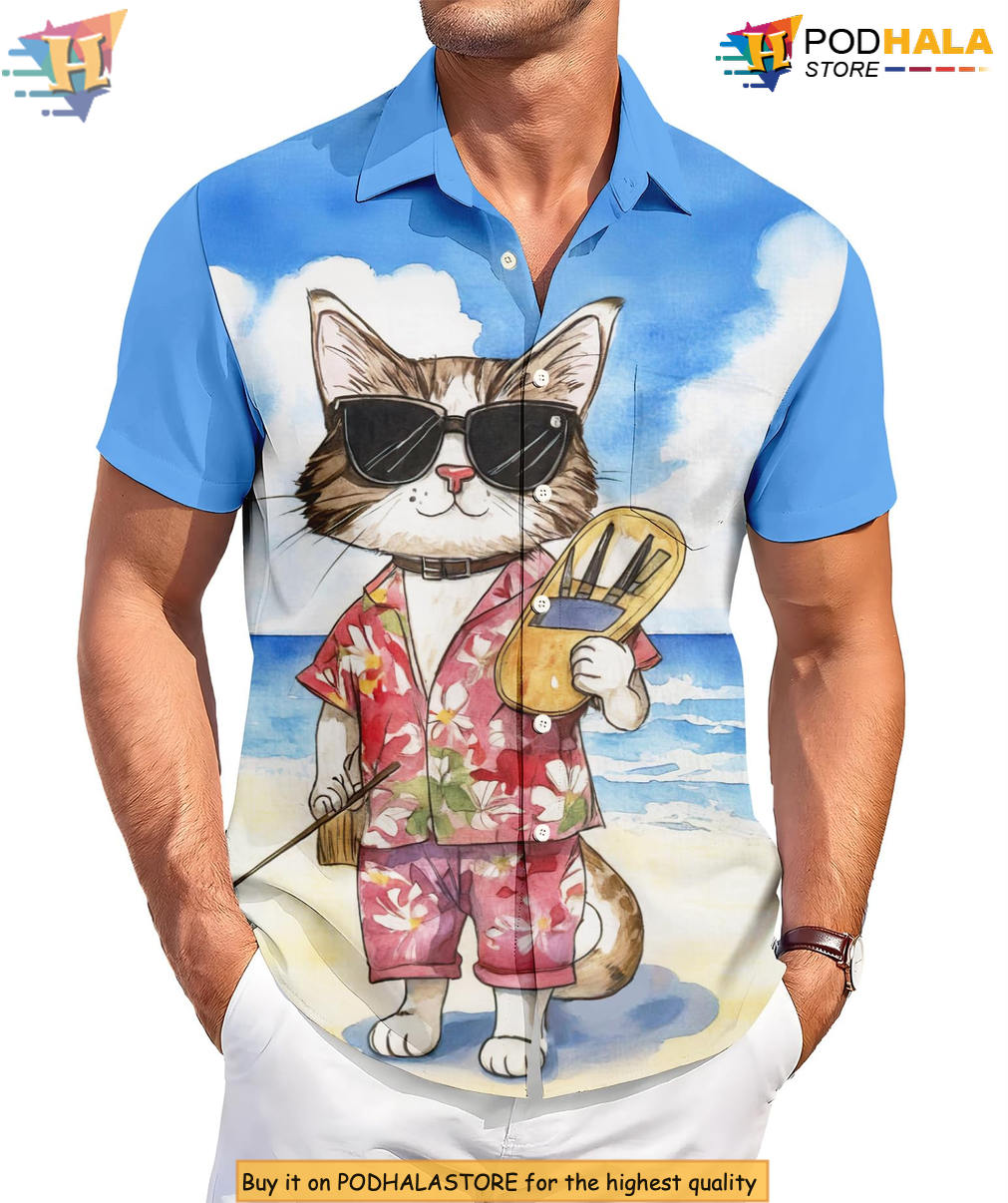 Funny Cat Party Hawaiian Shirt 2026 Printed Casual Summer Beach Fan Apparel