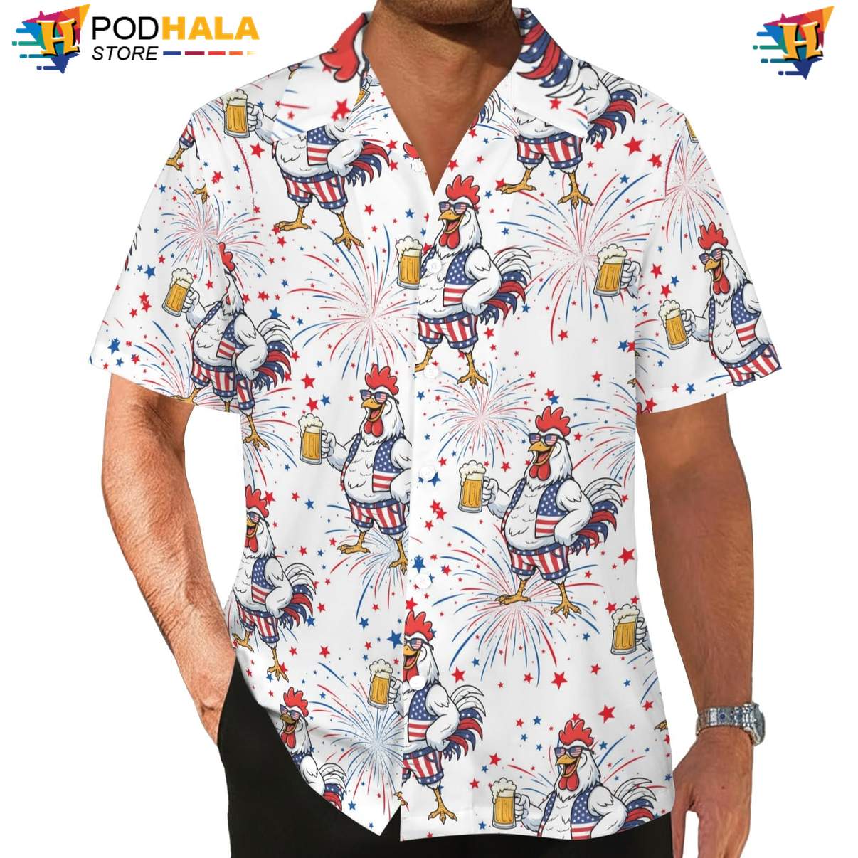 Funny Chicken Beer Aloha Shirt, Patriotic Eagle Button Down Shirt For 4th Of July