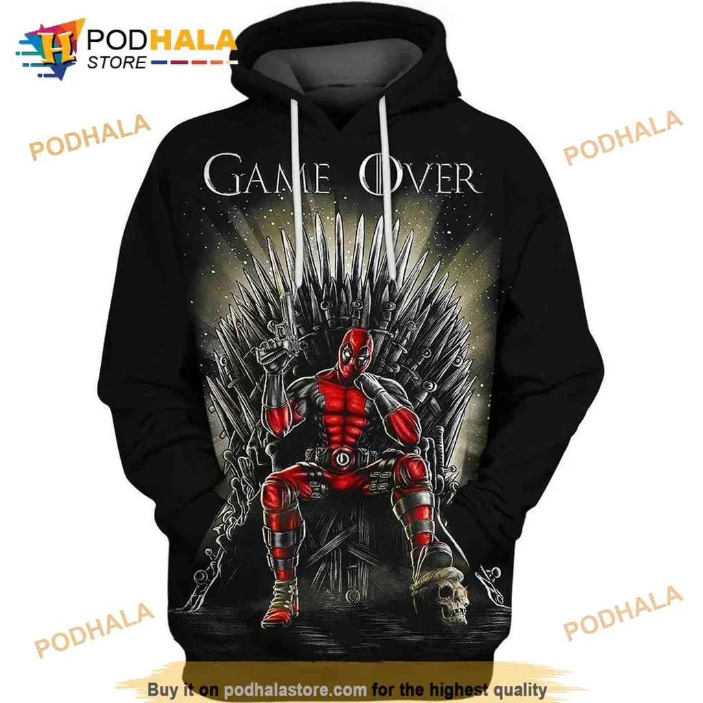 Funny Deadpool Game Over 3d Hoodie Featuring Iconic Iron Throne Design
