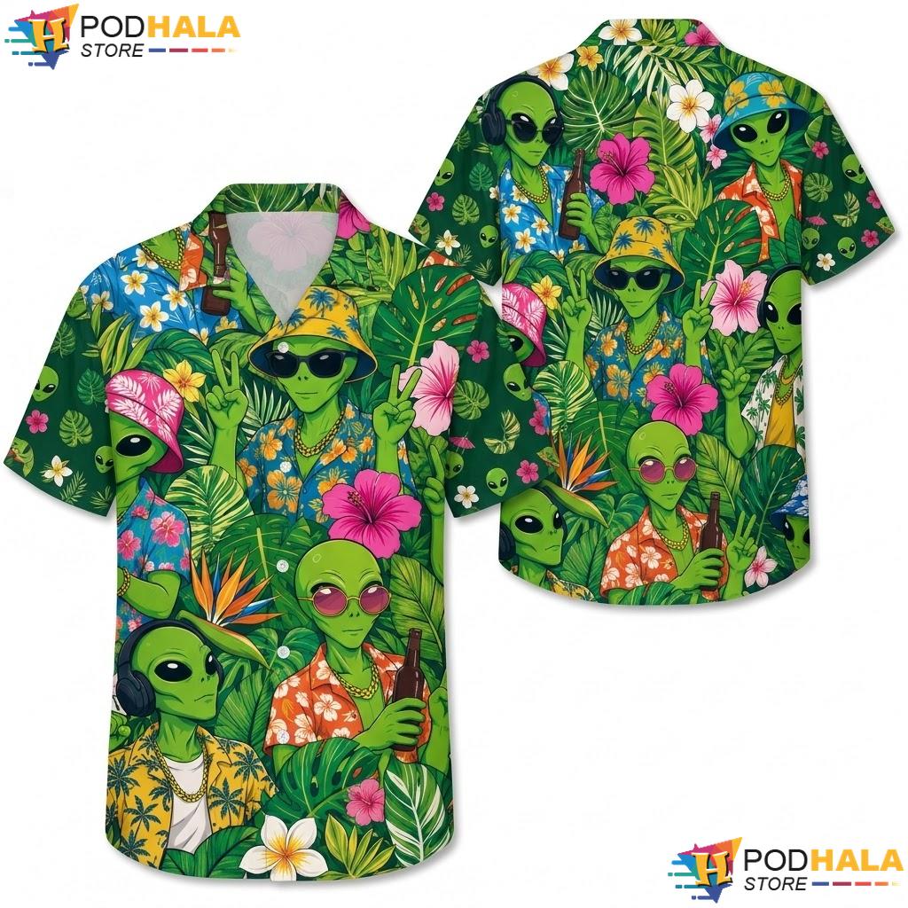 Funny Festival Alien Hawaiian Shirt Whimsical Tropical Mens Apparel