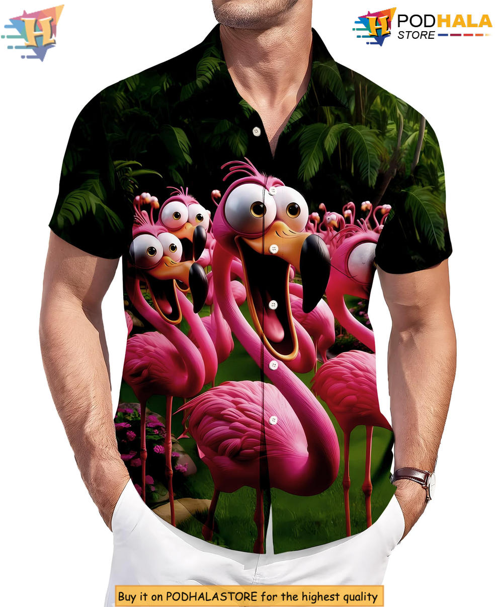 Funny Flamingo Party Hawaiian Shirt 2026 Printed Casual Summer Beach Gear