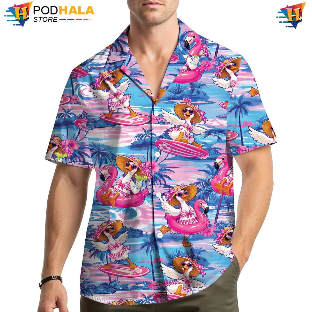 Funny Goose Fire Hawaiian Shirt Mens Graphic Luau Party Resort Holiday Top