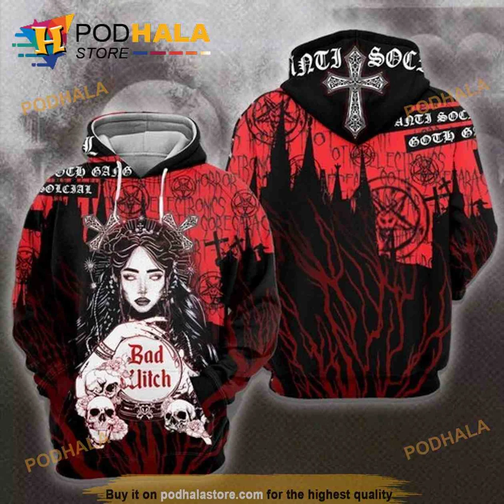 Funny Gothic Skull Geisha 3d Hoodie With Dark Red And Black Design