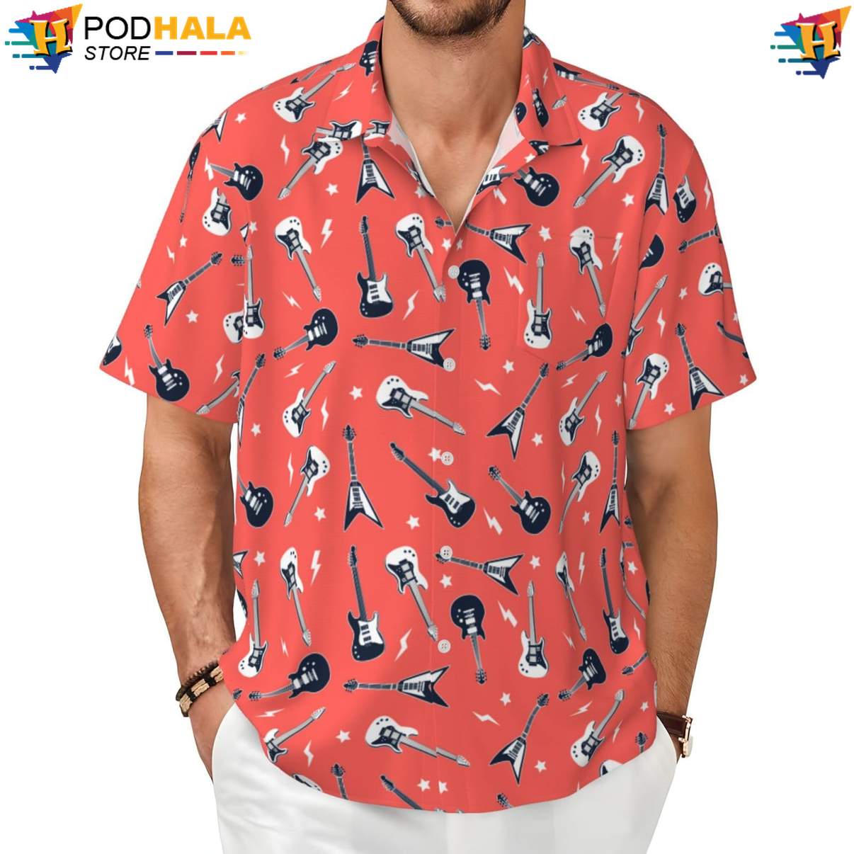 Funny Guitar Rock Hawaiian Shirt Novelty Mens Short Sleeve Beachwear Outfit