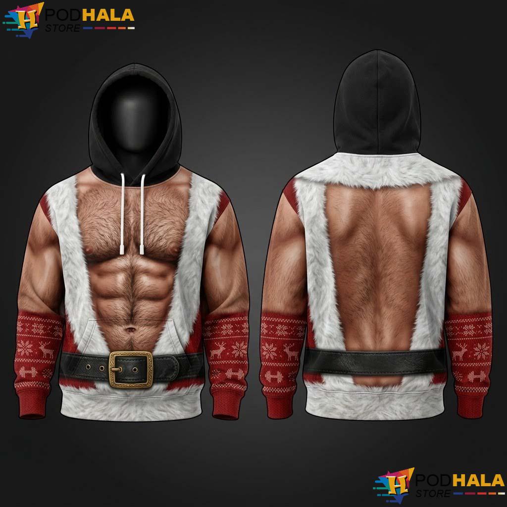 Funny Hairy Chest Christmas 3D Hoodie Fake Abs Santa Holiday Apparel