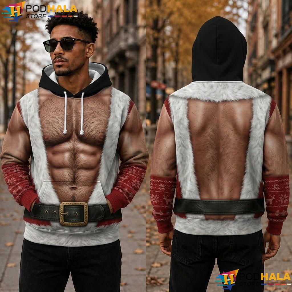 Funny Hairy Chest Christmas All Over Print Hoodie Fake Abs Santa Holiday Apparel Funny Hairy Chest Christmas All Over Print Hoodie Fake Abs Santa Holiday Apparel
