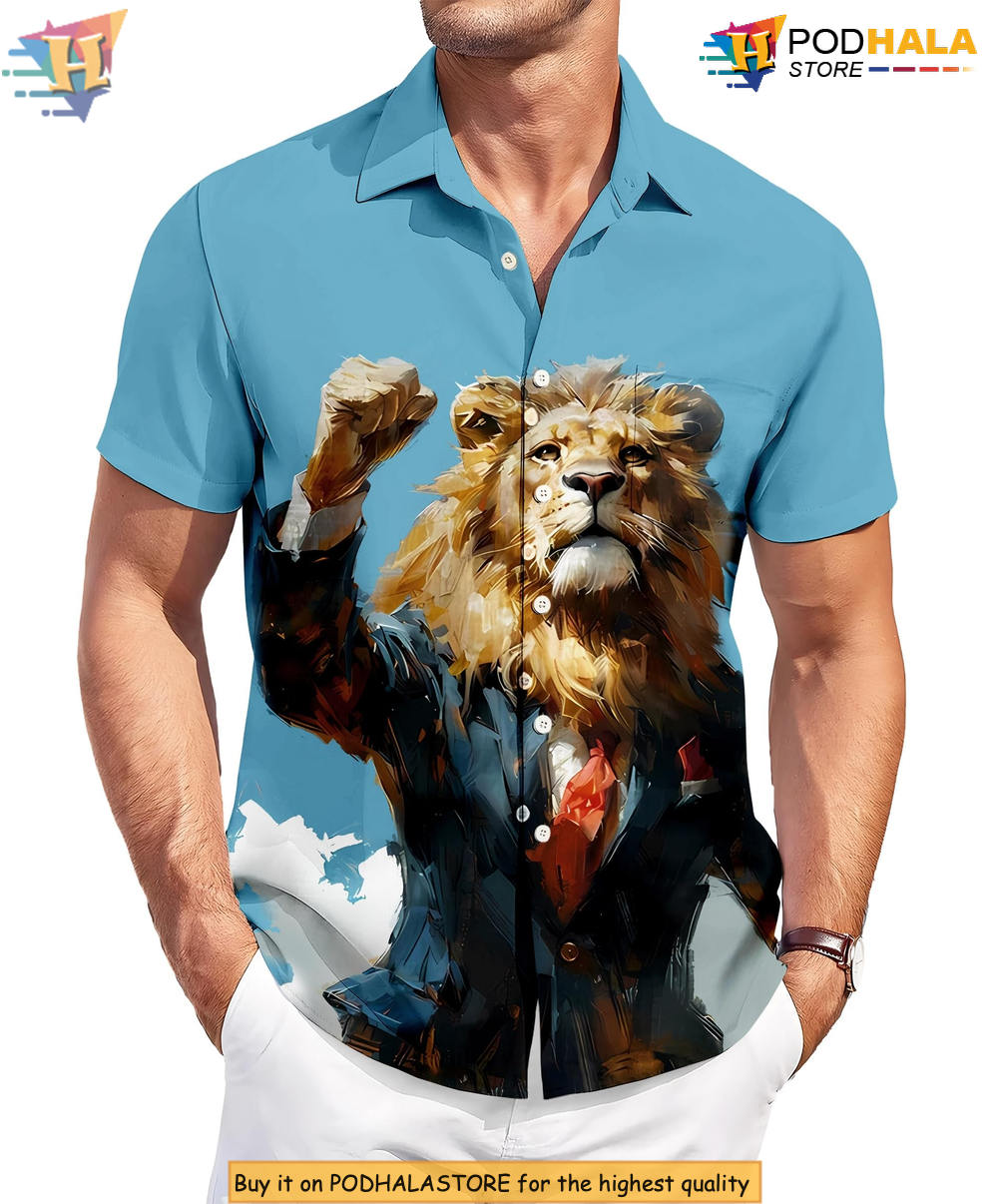 Funny Lion Beach Hawaiian Shirt 2026 Printed Casual Summer Party BBQ Apparel