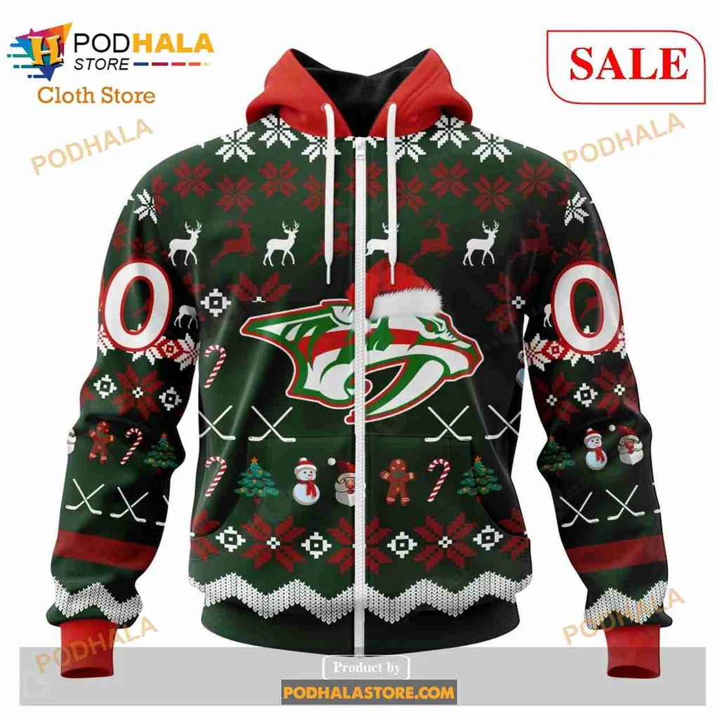 Funny Nashville Predators Hoodie With Santa Hat And Holiday Elements - View 1 Funny Nashville Predators Hoodie With Santa Hat And Holiday Elements - View 1