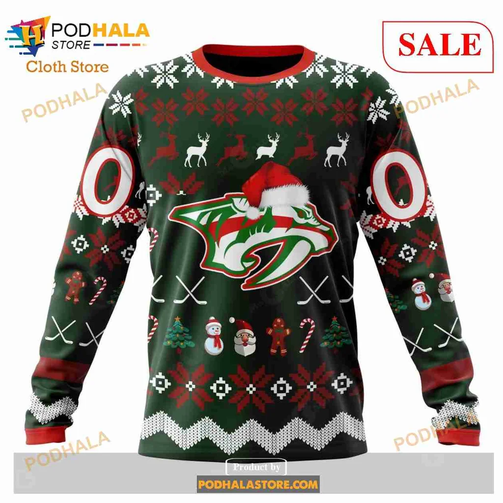 Funny Nashville Predators Hoodie With Santa Hat And Holiday Elements - View 3 Funny Nashville Predators Hoodie With Santa Hat And Holiday Elements - View 3