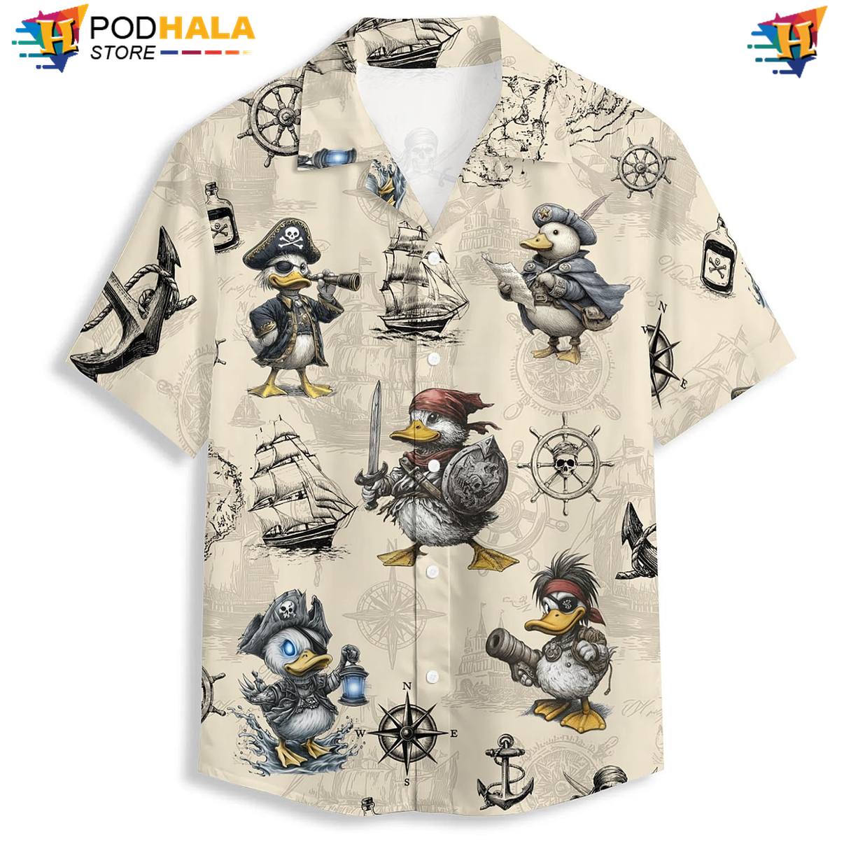 Funny Pirate Duck Hawaiian Shirt Mens Novelty Holiday Cruise Outfit Gear