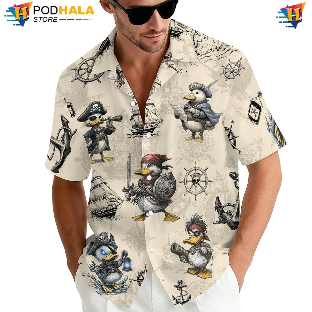 Funny Pirate Duck Aloha Shirt Mens Novelty Holiday Cruise Outfit Gear Funny Pirate Duck Aloha Shirt Mens Novelty Holiday Cruise Outfit Gear