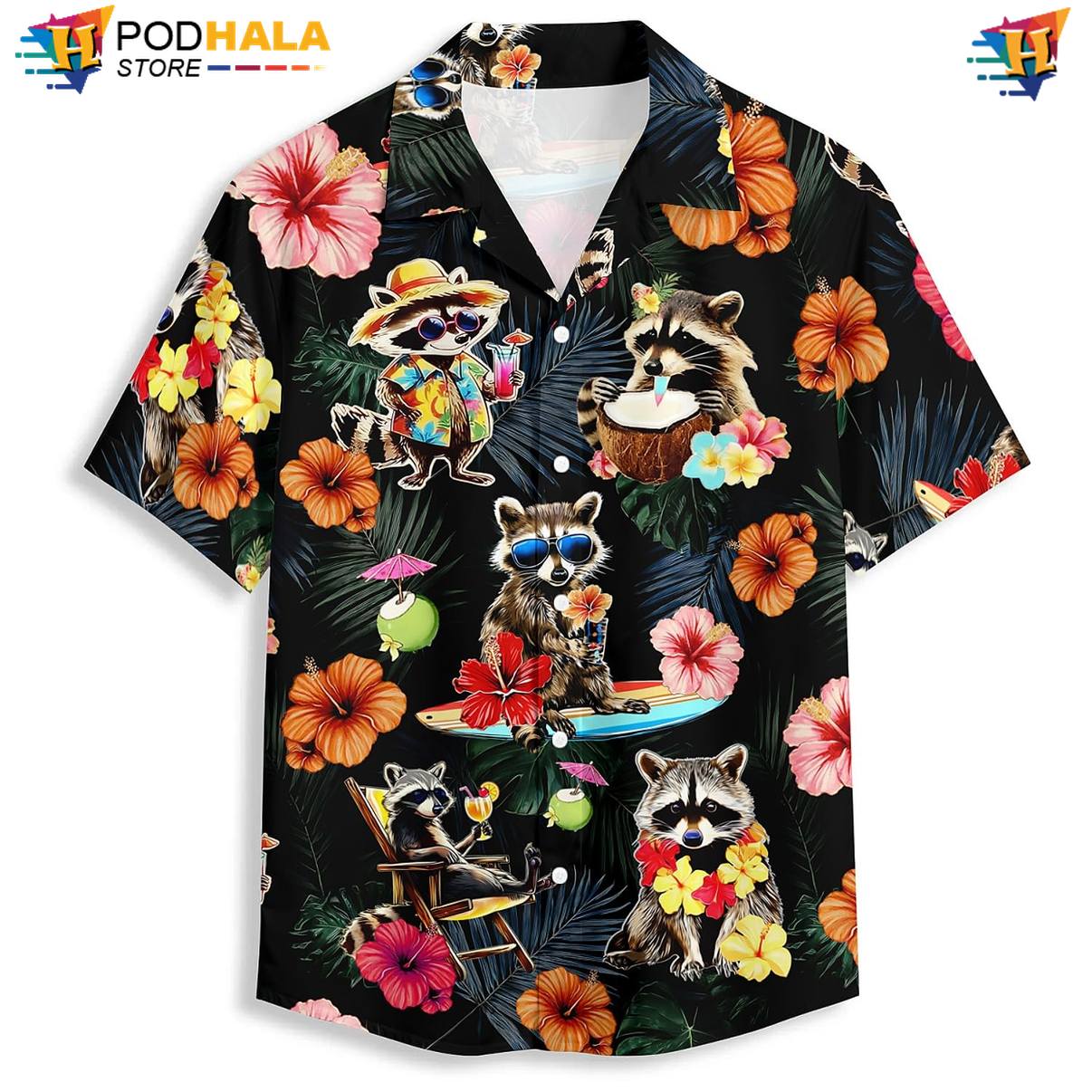Funny Raccoon Aloha Shirt Mens Graphic Weekend Holiday Cruise Apparel Top