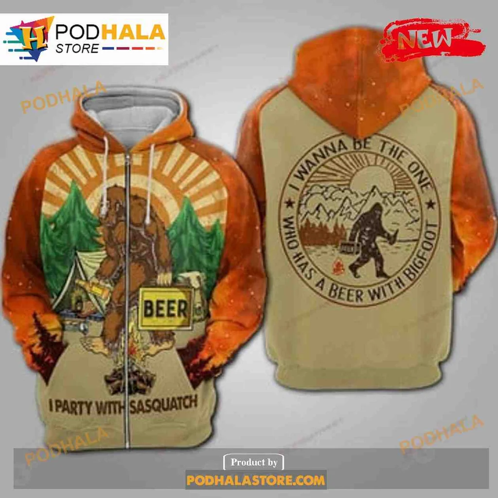 Funny Sasquatch Camping All Over Print Hoodie With Beer And Forest Theme Funny Sasquatch Camping All Over Print Hoodie With Beer And Forest Theme