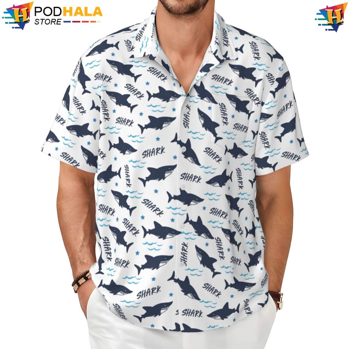Funny Shark Hawaiian Shirt Novelty Mens Short Sleeve Button Up Beach Outfit