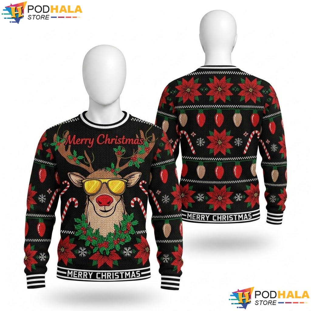 Funny Sunglasses Merry Graphic Sweater Festive Christmas Holiday Apparel