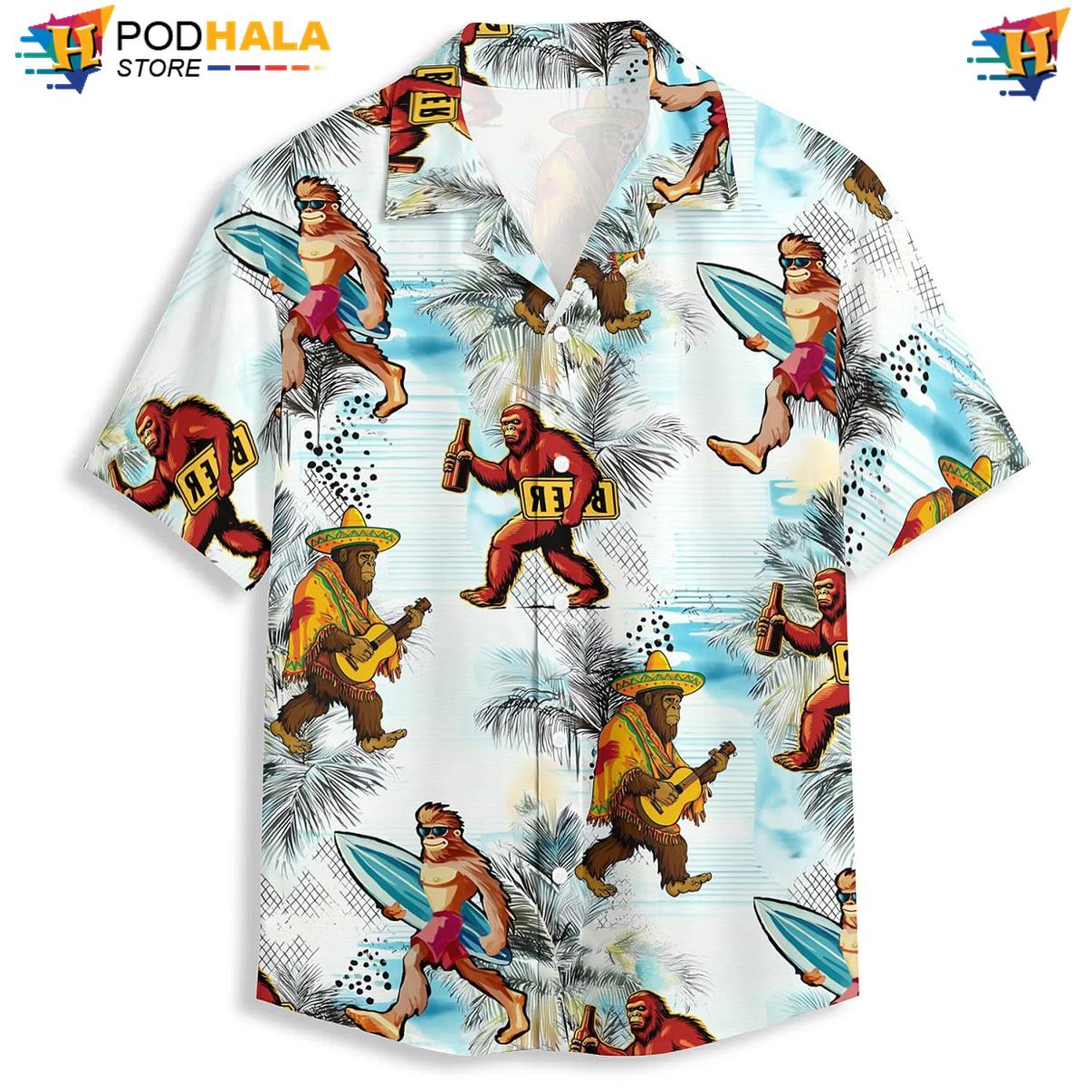 Funny Surfer Bigfoot Aloha Shirt Mens Graphic Beach Festival Outfit Clothing