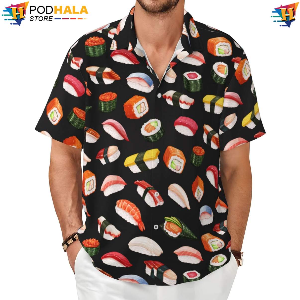 Funny Sushi Black Hawaiian Shirt Novelty Mens Short Sleeve Beachwear Outfit