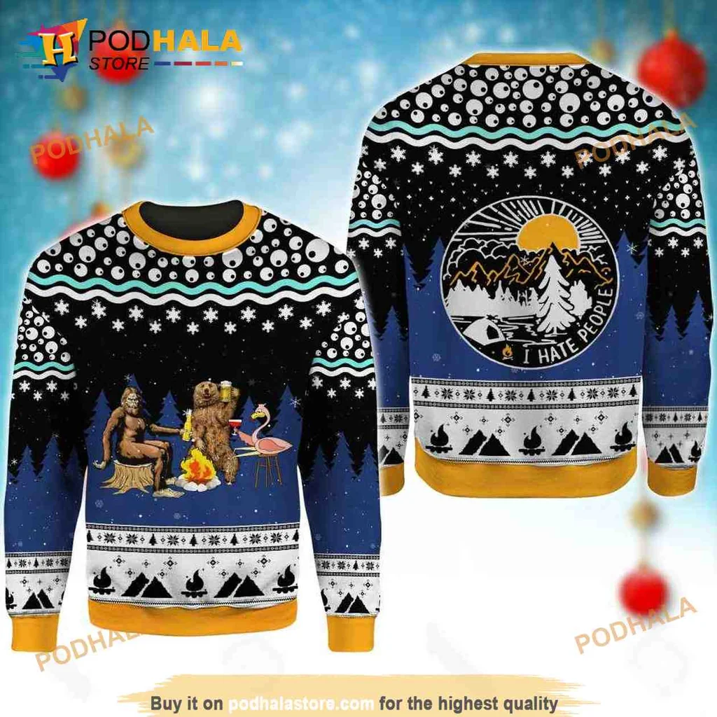 Funny Winter Camping Bear 3d Hoodie With I Hate People Design