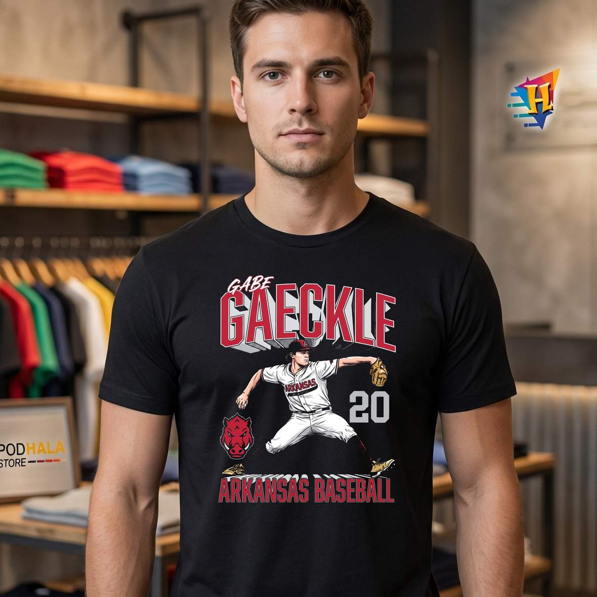 Gabe Gaeckle Arkansas Razorbacks Shirt Baseball Illustrated Graphic Mens