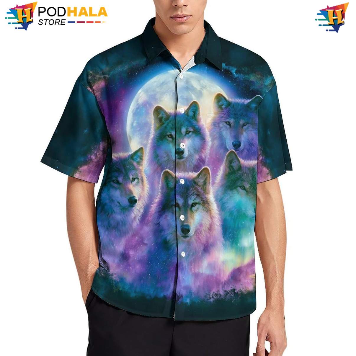 Galaxy Pack Wolf Aloha Shirt Mens Moon Cool Print Casual Beachwear Outfit