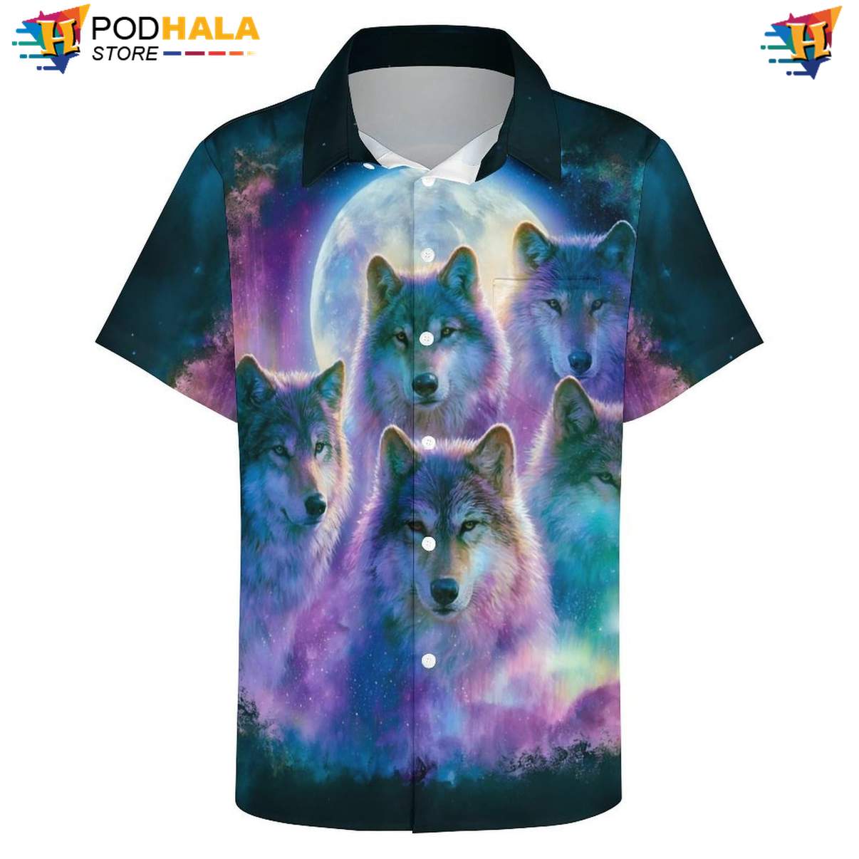 Galaxy Pack Wolf Short-sleeve button-up shirt Mens Moon Cool Print Casual Beachwear Outfit Galaxy Pack Wolf Short-sleeve button-up shirt Mens Moon Cool Print Casual Beachwear Outfit