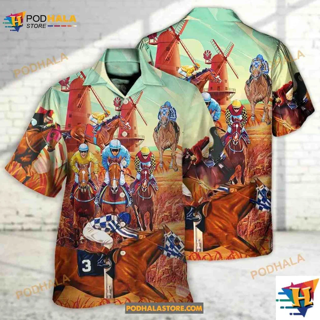Galloping Horses Jockey Aloha Shirt Featuring Vibrant Racing Design