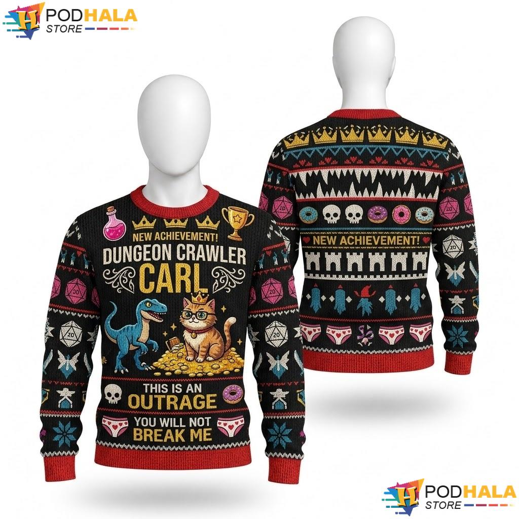 Gaming Cat Dungeon Crawler Ugly Christmas Sweater Funny Litrpg Xmas Top