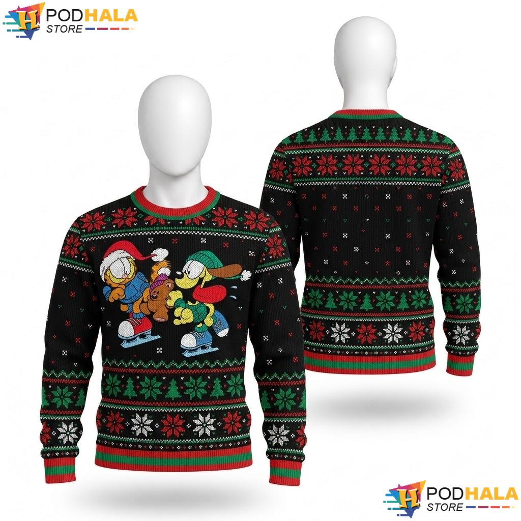 Garfield Odie Ice Skating Christmas Sweater Funny Cartoon Holiday Top