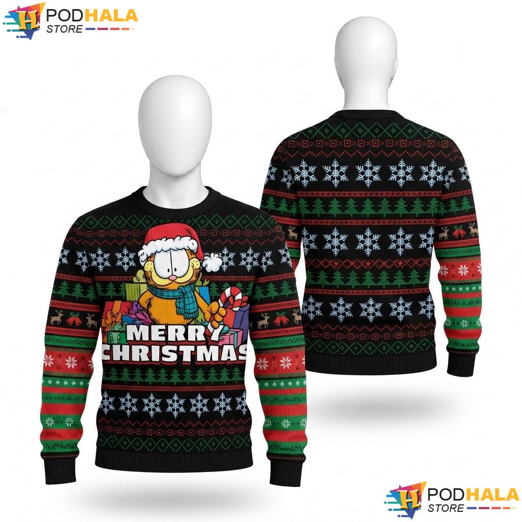 Garfield Santa Ugly Christmas Sweater Funny Cartoon Holiday Mens Top