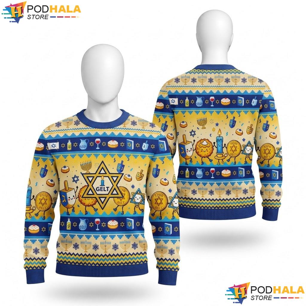 Gelt Hanukkah Ugly Christmas Sweater Festive Star David Holiday Apparel