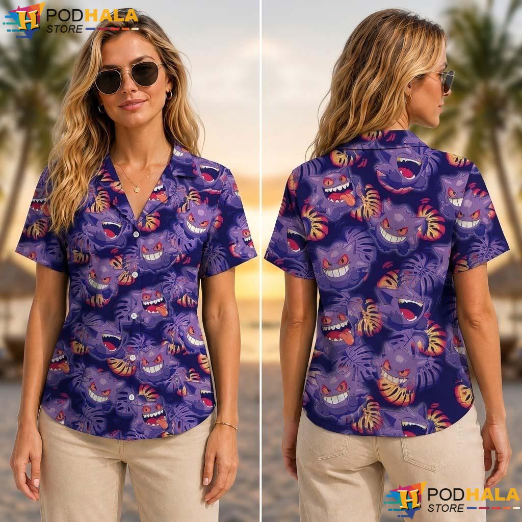 Gengar Ghost Halloween Tropical Shirt Spooky Pokemon Anime Party Top Gengar Ghost Halloween Tropical Shirt Spooky Pokemon Anime Party Top