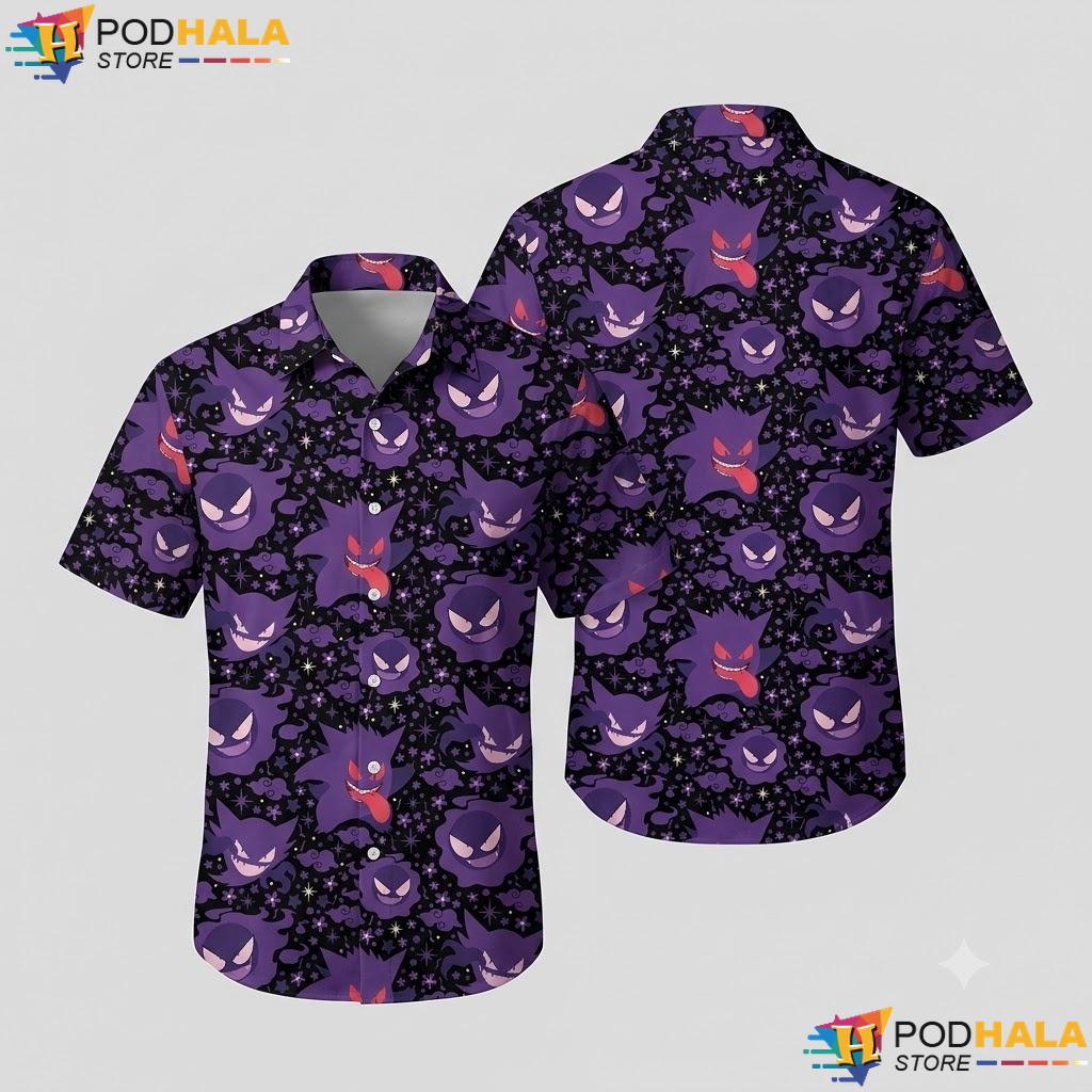 Gengar Ghost Pattern Aloha Shirt Spooky Summer Beach Vacation Outfit
