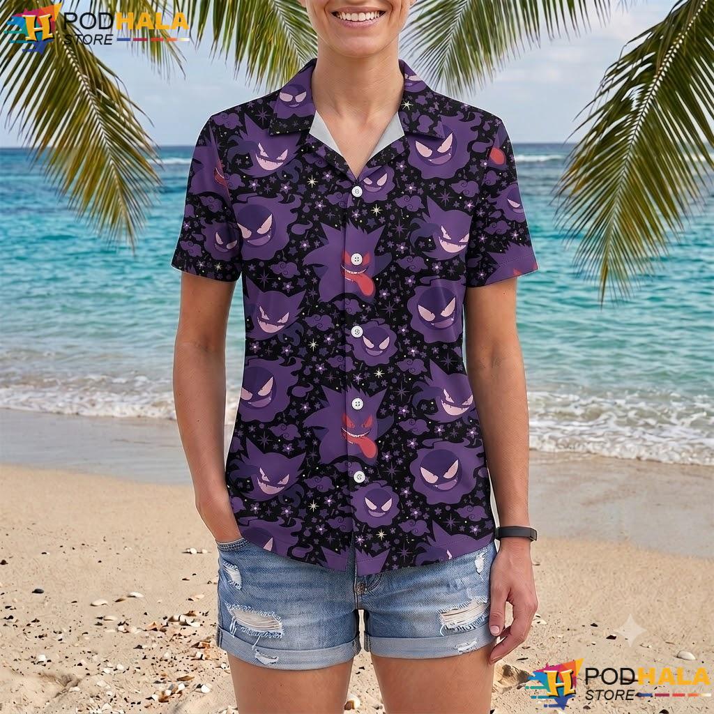 Gengar Ghost Pattern Short-sleeve button-up shirt Spooky Summer Beach Vacation Outfit Gengar Ghost Pattern Short-sleeve button-up shirt Spooky Summer Beach Vacation Outfit