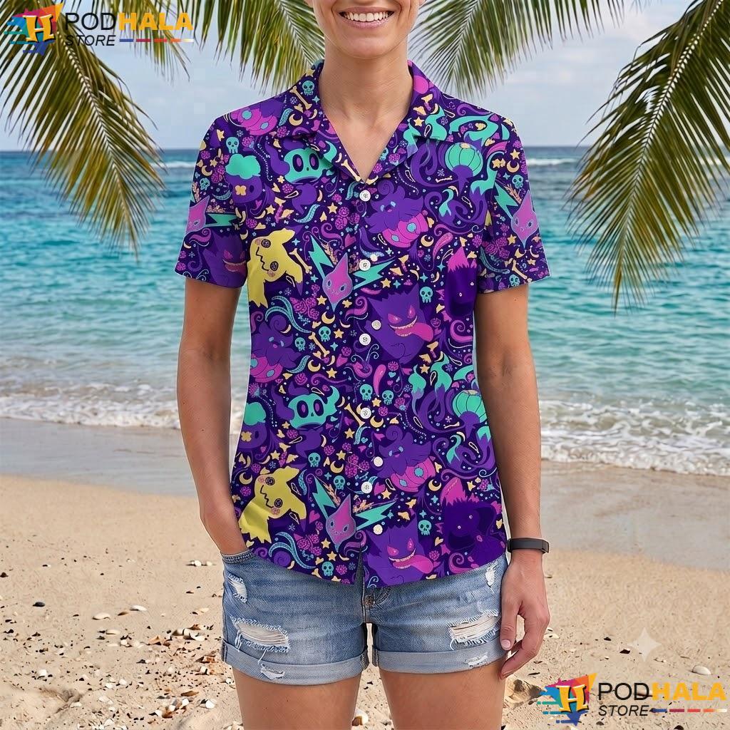 Gengar Mimikyu Short-sleeve button-up shirt Cute Ghost Pattern Summer Beach Outfit Gengar Mimikyu Short-sleeve button-up shirt Cute Ghost Pattern Summer Beach Outfit