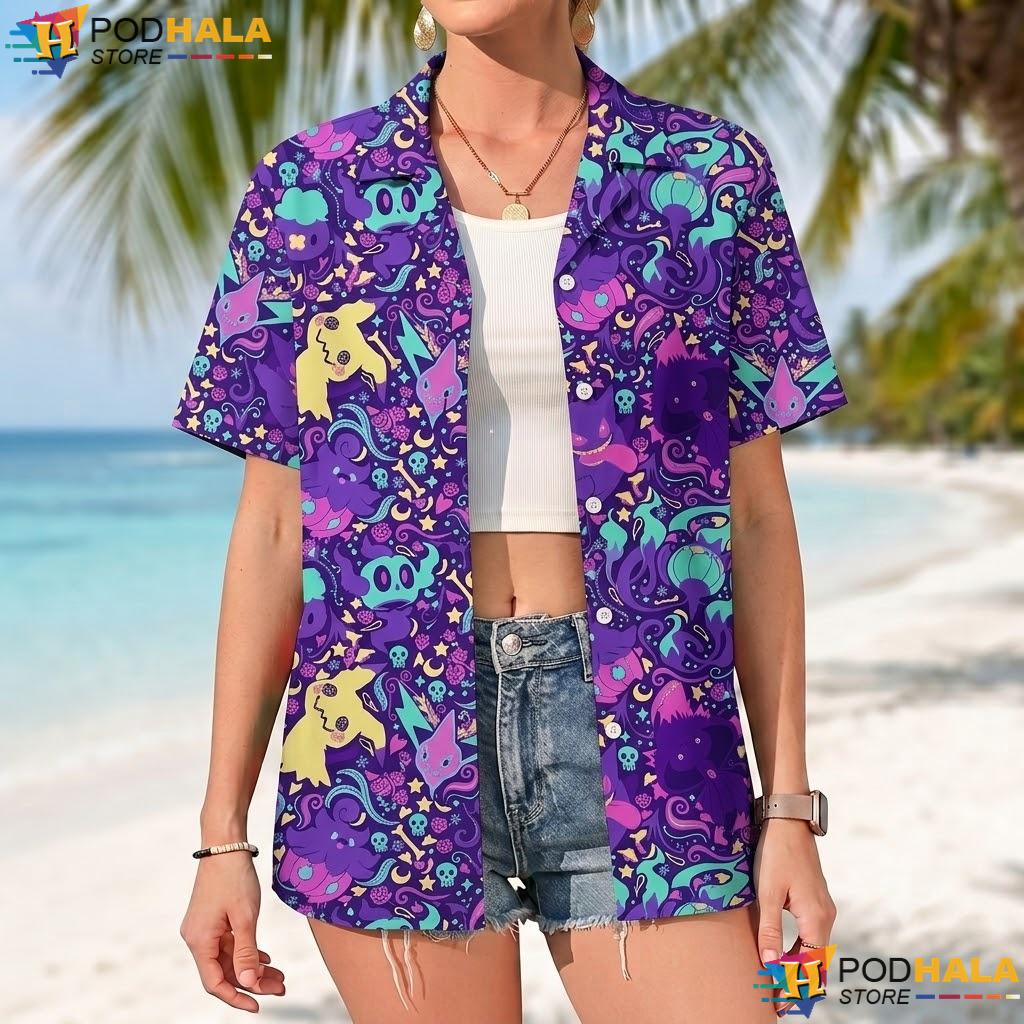 Gengar Mimikyu Tropical Shirt Cute Ghost Pattern Summer Beach Outfit Gengar Mimikyu Tropical Shirt Cute Ghost Pattern Summer Beach Outfit