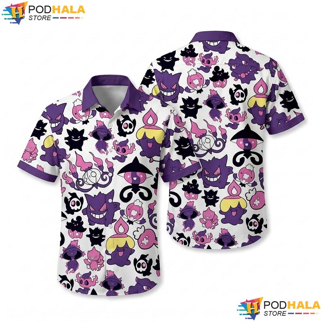 Gengar Mismagius Hawaiian Shirt Purple Ghost Pattern Kawaii Summer Top