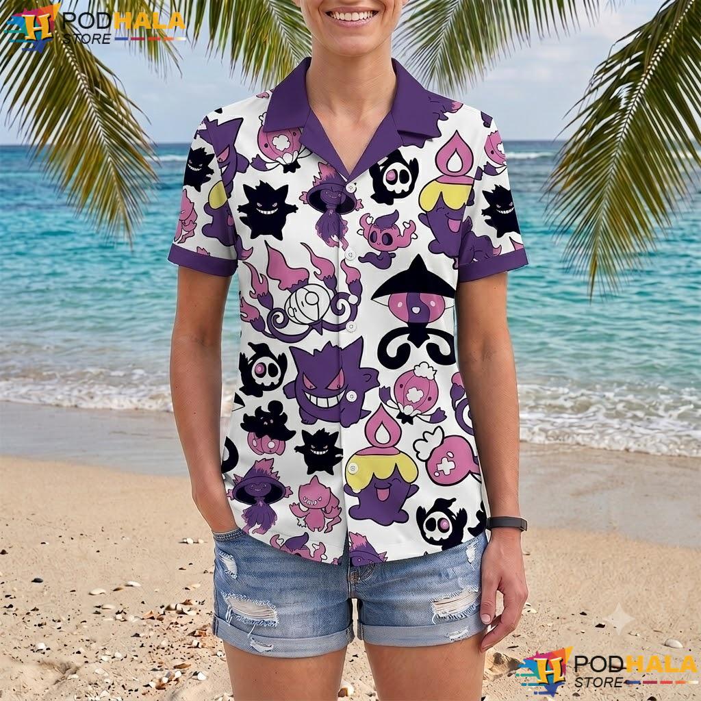 Gengar Mismagius Tropical Shirt Purple Ghost Pattern Kawaii Summer Top Gengar Mismagius Tropical Shirt Purple Ghost Pattern Kawaii Summer Top