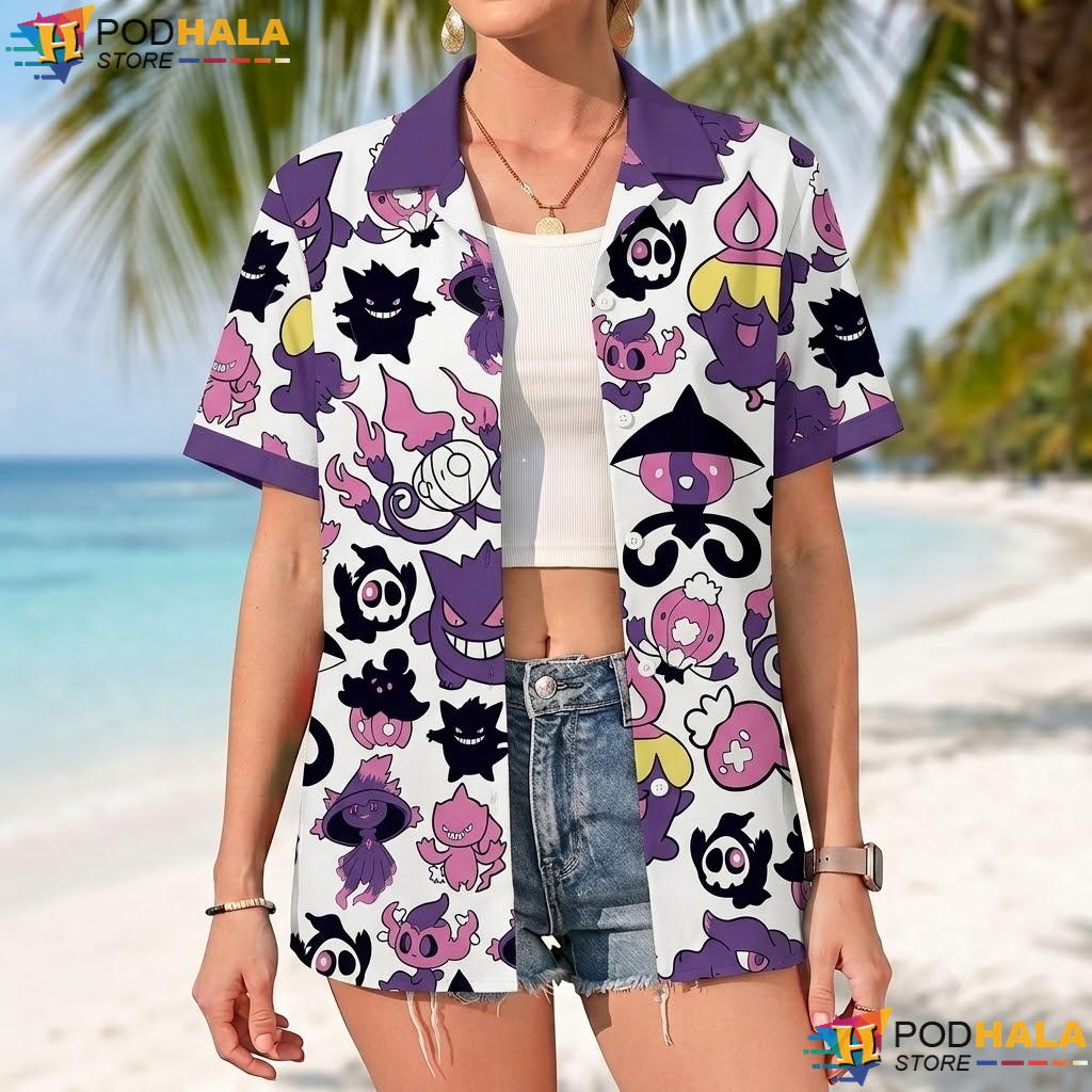 Gengar Mismagius Short-sleeve button-up shirt Purple Ghost Pattern Kawaii Summer Top Gengar Mismagius Short-sleeve button-up shirt Purple Ghost Pattern Kawaii Summer Top